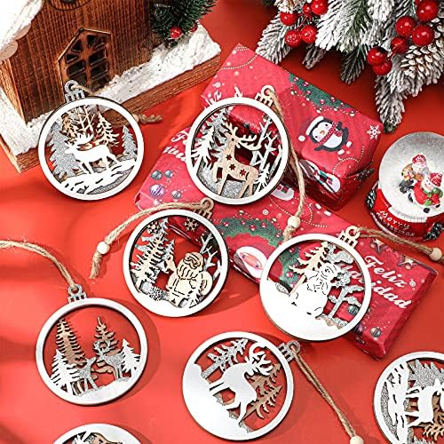 12 komada drveni viseći Božićni ukrasi šuplji Lasersko sečenje drveni izrezi okrugli sobovi Božić drvo drveni ukrasi rustikalni praznični drveni Tagovi Privjesci za prazničnu sezonu dekor, 6 dizajna