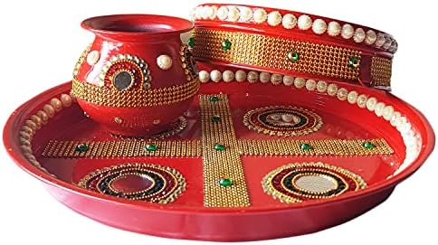 Red Karwa Chauth Puja Thali | Diwali Pokloni Indijski dekor Dekorativne ploče Puja Thali Puja Predmeti