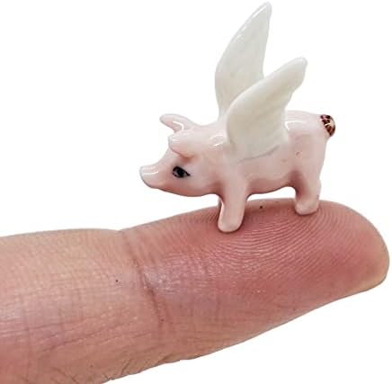 Witnystore Tiny ¾ inč dugačka pinčana svinja sa krilima Keramičke minijaturne figurine Farm životinje Leteći svinjski svinjski replika porculanski kolekcionarski dekor poklona