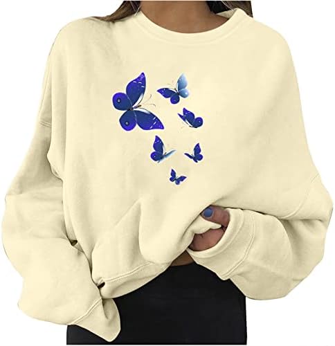 Ženske prevelike dukseve Vintage Leptir Print pulover vrhovi tinejdžerskih devojaka pada Y2K majice Droba ramena