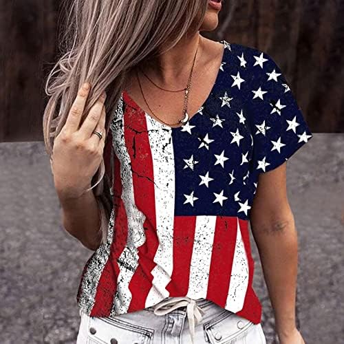 COMIGEEWA VNeck Bluze za ženske kratkih rukava Blok u boji američke prugaste grafičke casual bluze