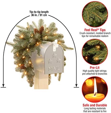 Nacionalna kompanija Tree 'Feel Real' unaprijed osvijetljena Umjetna Božićna poštanska kutija Swag | bijela LED svjetla na baterije | mat Artic Spruce - 36 inča