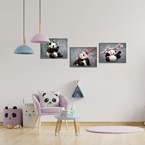 Saypeacher 3 komada Panda uokvirena slika životinja igra sa cvjetnim platnom zidnom umjetničkom