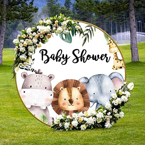 PHMOJEN Safari baby Shower okrugla pozadina poklopac, 7.2x7.2ft poliester džungla životinje Lav Slon žirafa