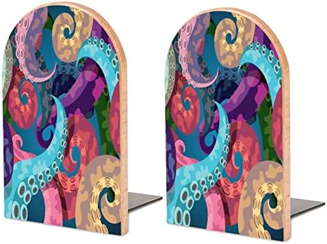 Šareni pipci hobotnice slikarstvo drvo za knjige dekorativni kraj knjige bez klizanja 1 par 7x5 inča
