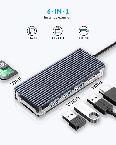 ORICO USB C Hub, 6-u-1 USB C Adapter sa 4K HDMI, utorom za SD/TF karticu, 3 USB 3.0 porta za prenos podataka