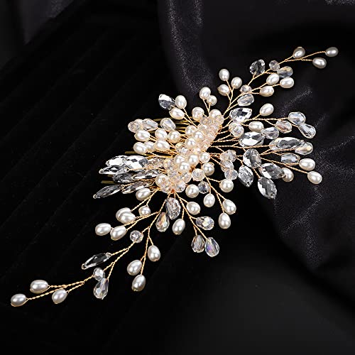 Teyglen Crystal Bridal hair Comb Wedding Pearls Rhinestones Hair Pieces for Bride Bridal Gold Silver side