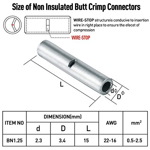 150 komada neizolovani Butt konektori 22-16 Gauge električna žica bešavni neizolirani Butt konektori