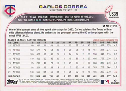 2022 Ažuriranje topps US39 Carlos Correa Twins Baseball MLB