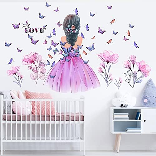 Leptir djevojke zidne naljepnice cvijet Vila zidna naljepnica Pink cvjetni Zid Mural šareni