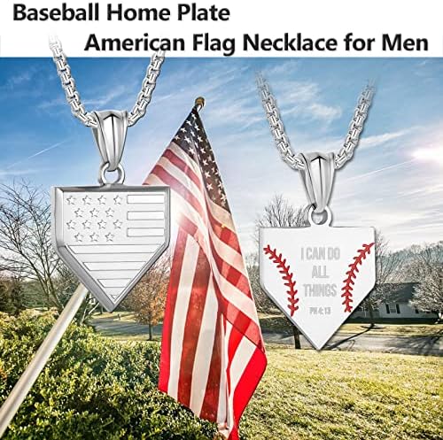 Bejzbol početna ploča ogrlica za muškarce SAD Zastava štit privjesak od nehrđajućeg čelika lanac 22+2 inča inspirativni biblijski stih Bejzbol poklon personalizirani Patriotski nakit za dječake