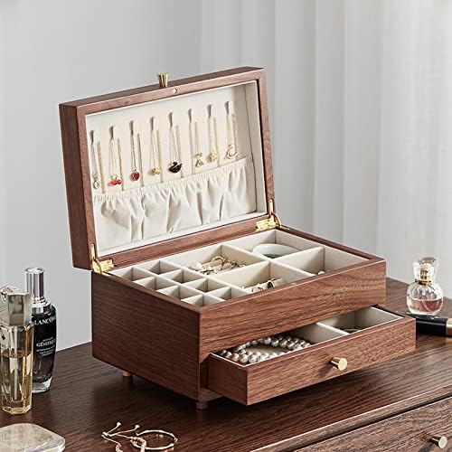 CHOSIN Drvena kutija za nakit od crnog oraha za žene, klasična drvena 2-slojna ostava za nakit,