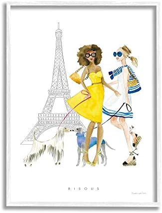 Stupell Industries Bisous poljupci fraza Pariške modne ženke i psi Bijeli uokvireni zid umjetnost,