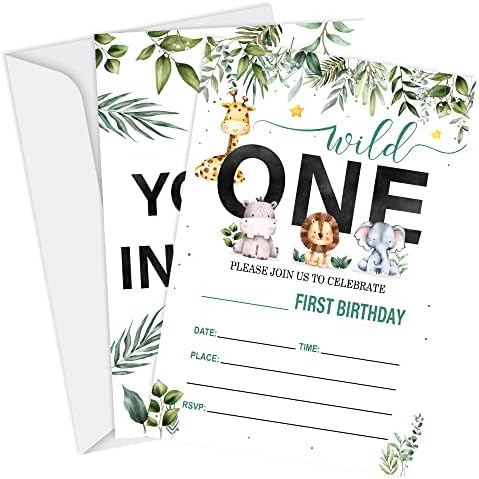 Tuyashua divlji prvi rođendan pozivnice za životinje iz džungle, pribor za životinje, zalihe životinja za dječake, rođendanske zabave, 20 karata sa kovertama - I17