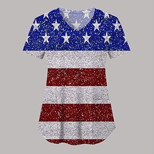 Majica od 4. Jula za žene američka zastava ljetne kratke rukave V-izrez majice sa 2 džepa bluze praznična Ležerna radna odjeća