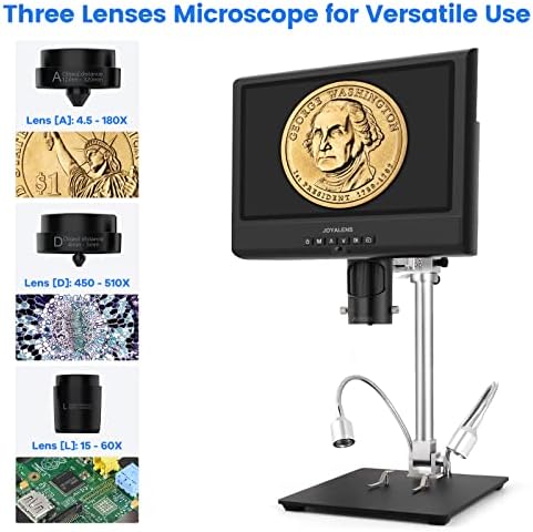 Joyalens JL249m 3 Objektiv 10 inčni LCD lemljeni digitalni mikroskop, 1080p FHD elektronski mikroskop Pro Metal štand Mini boom vertikalna vodoravna podešavanje, mikroskop novčića, biološki mikroskop, 32GB