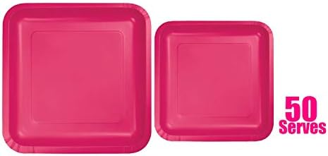 Oojami 100 grof Kvadratne ružičaste ploče za papir | 50 ~ 9 Ploče za papir za večeru | 50 ~ 7 Papirne ploče za desert | Pink Party Tema