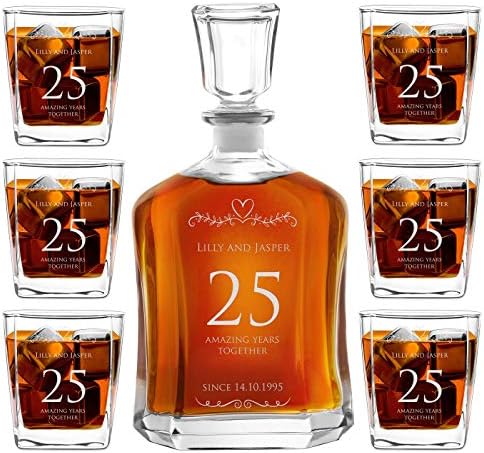 Maverton Whisky carafe + 6 čaša sa graviranjem-23 fl oz. dekanter klasičnih žestokih pića za parove - elegantan set viskija - za vjenčanje - personalizirano stakleno posuđe za roditelje-cvijeće