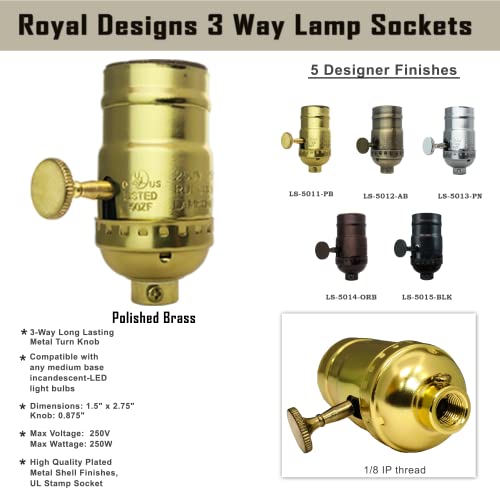 Royal Designs, Inc. 3-smjerna utičnica za žarulje sa žarnom niti ili LED Sijalice, metalno dugme, polirana Mesingana završna obrada, Set od 4