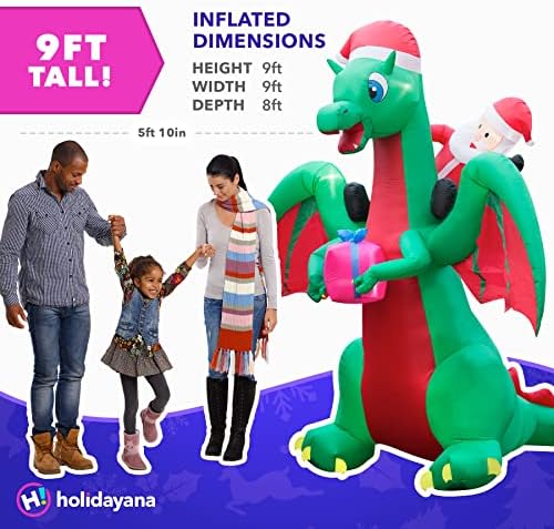 Holidayana 9 ft Božić napuhavanje Santa Riding Dragon Yard ukras-9 ft visok ukras travnjaka, svijetle unutrašnja svjetla, ugrađeni ventilator, i uključeni kočići i užad