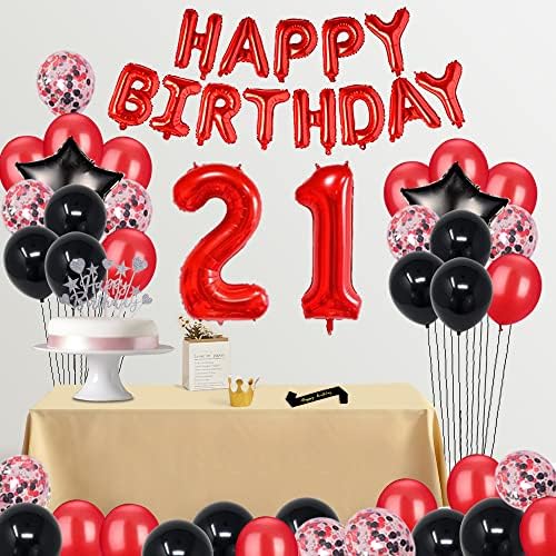 FancyPartyshop 21. rođendanski ukrasi za rođendanu Crveni crni kasniji baloni Happy Birthday Cake