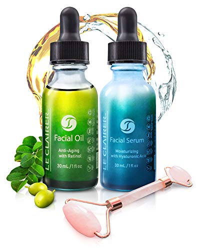 Le Clairer Beauty Bundle od 3 Anti Aging ulja za lice sa retinolom + hidratantni Serum za lice hijaluronske kiseline + roze Quartz Roller, Vegan i bez okrutnosti sa čistim esencijalnim uljima za sve tipove kože