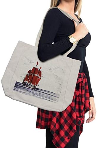Ambesonne Sketchy torba za kupovinu, jedrenjak koji pluta po moru stil crtanja Nautička pomorska tema, ekološka torba za višekratnu upotrebu za namirnice plaža i još mnogo toga, 15,5 X 14,5, krema