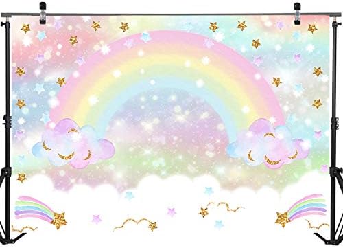 Mocsicka Rainbow Backdrop 7x5ft Pastel Rainbow Birthday Cloud Glitter Stars for Kids ' Party Decorations