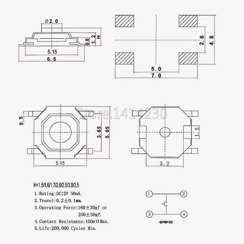 Taktilni pritisak prekidača Trenutak tanta 5,2x5,2 / 4x4x1,5mm / 1,6 / 1,7 / 2/25 / 3/35 / 4,3 / 5 / 6h / mm 4pin SMD površinski montiranje mali prekidač -