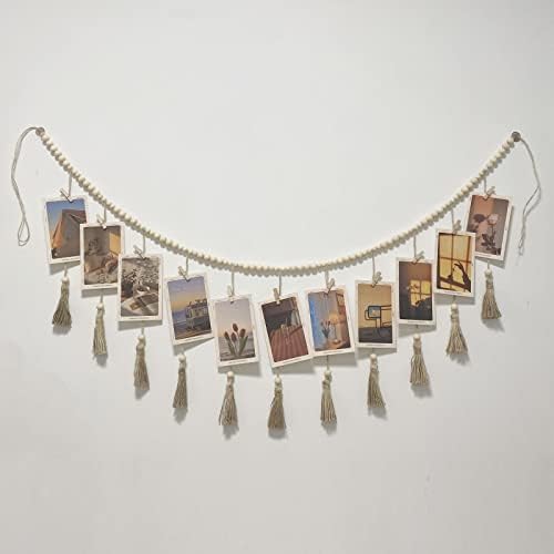 Kintyno viseći foto prikaz sa 22 kopče Drvena perlica Tassel Garland, Boho Dekor kolaža za zid spavaonice