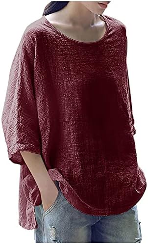Ženska pamučna posteljina 2023 moda 3/4 rukava labave casual plus veličine O-izrez Tee majica bluze pulover
