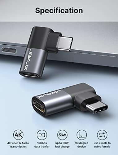 JSAUX 60W USB-C u USB-C kabl [2-pakovanje, 6,6ft] + 90 stupnjeva ugaonog ugla USB-C muško do USB-C ženski adapter [2-paket]