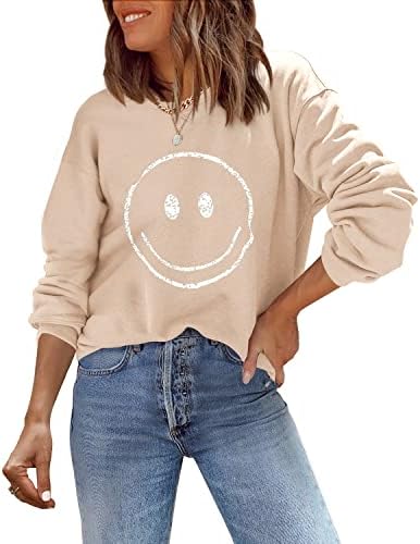 Dosegme ženski osmijeh pulover slatki trendi vintage grafički duksevi casual labavo dugih rukava za