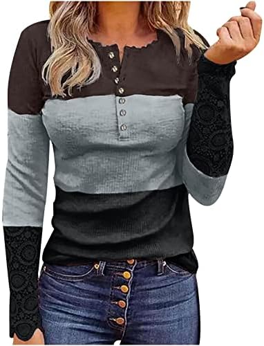 Slim Fit Henleyji košulja Žene čipke Crochet majica s dugim rukavima polovina gumba UP Dressy bluza Modni blok u boji Tunički vrhovi