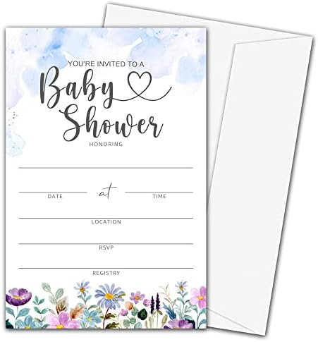 Pozivnice za tuširanje za bebe sa kovertama, akvarelske divljeg cvijeta ispunjavaju pozivnice, tuš za bebe