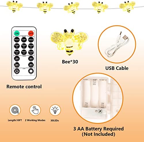 Impress Life Honey Bee Fairy žičana svjetla, 10 stopa 40 LED, USB & baterija 8 načina rada s daljinskim upravljačem za vjenčanje, zabavu, Festival, unutrašnju, vanjsku dekoraciju