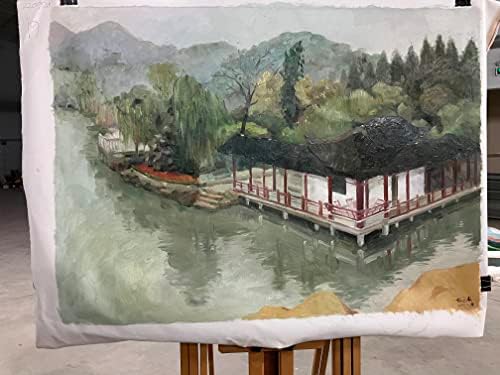Velika ručno rađena 37 x32 uljana slika klasične bašte Suzhou pored jezera na platnu umjetnika