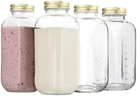 kitchentoolz 32oz kvadratna Staklena bočica za mlijeko sa metalnim hermetičkim poklopcima -1 litra staklenki za mlijeko sa poklopcima za frižider - vrčevi za mlijeko za višekratnu upotrebu, jogurt, Smoothies, Kefir, Kombucha, voda