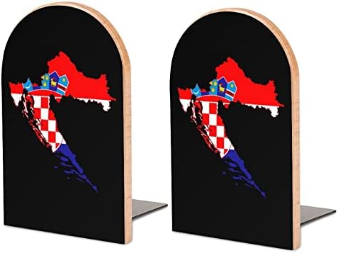 Hrvatska Zastava karta slika Drvo Bookend dekorativna ne-Skid knjiga kraj 1 par 7x5 inča