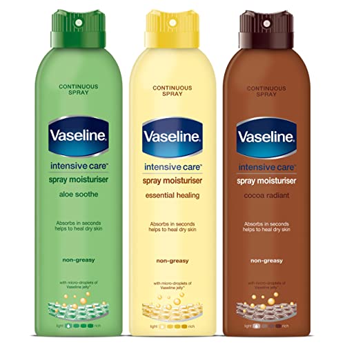 Vazelin sprej Variety Set 3 Paket intenzivna njega hidratantna krema za suhu kožu, Essential Healing, Cocoa Radiant, Aloe Soothe Fresh, 6.42 oz. Svaki