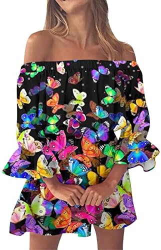 BKLVMMS žene Casual off Shouldress Široki cvjetni Print Boho haljina sa zvonastim rukavom bluza Mini haljine