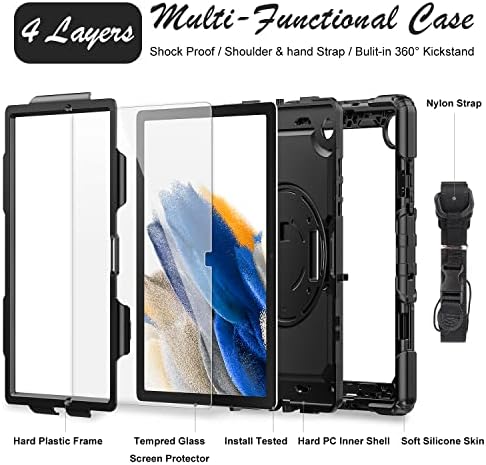 Samsung Galaxy Tab A8 10,5-inčni tablet CASE 2022 [sa kaljenim štitnikom zaslona], bazni tržni centar punim tijelom hrapava zaštitna futrola, 360 ° rotirajući stickstand / ručni i ramena držač za olovke