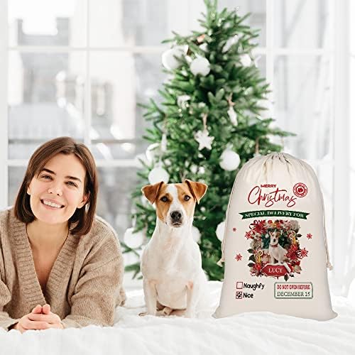 BAGEYOU Funny Chinese Crested Santa Sacks personalizovane torbe za pseće tkanine sa vezicom Xmas torba za čuvanje sadašnjeg pamučnog platna 19, 5x27, 5 inča