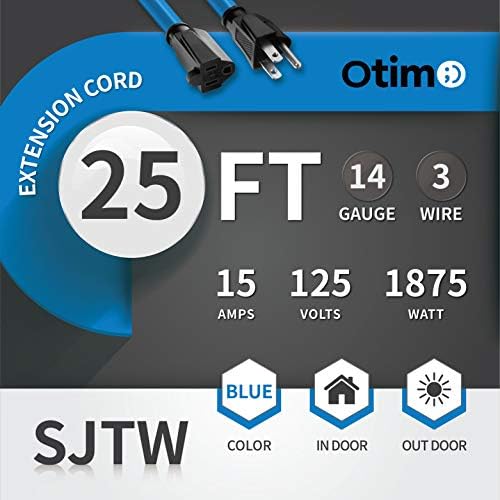 OTIMO 25 FT Zatvoreni / vanjski produžni kabel, 14/3 SJTW, plavi kabl, crni konektor, 3 pronglazni utikač, vodootporan,