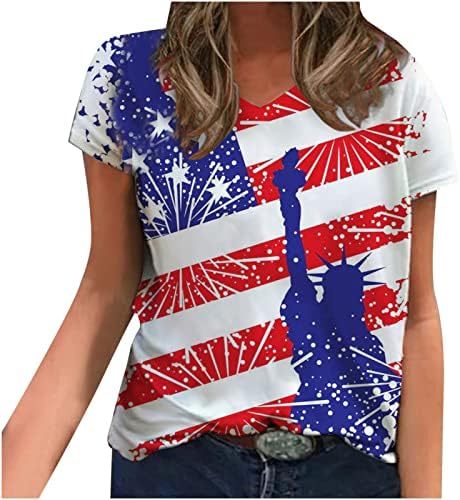 Dame Deep V vrat Pamuk Američka zastava Star Graphic Lounge Top Majica kratka rukava za tinejdžerske djevojke 3k